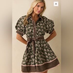 entro Olive Floral Puff-Sleeve Shirt Dress with Contrast Trim